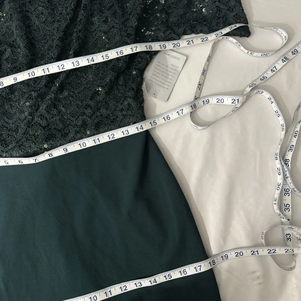NWT $269 Betsy & Adam [ 8 ] One-Shoulder Sequin Lace Mixed Media Gown Pine Green